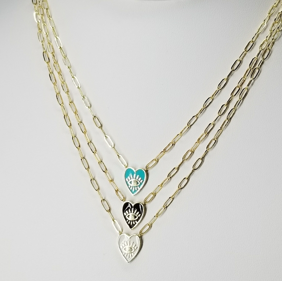 NEW Enamel Heart Evil Eye Paperclip Dainty Chain - Picture 5 of 10